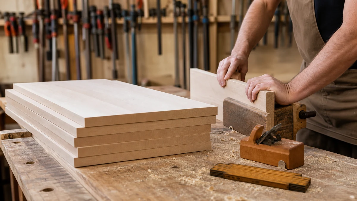 Avivés de hêtre empilés sur un établi de menuisier, artisan calant une planche contre un valet