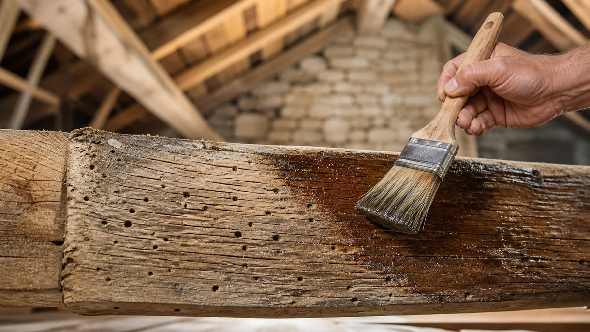 Brosse appliquant un traitement insecticide sur une poutre en bois de chêne criblée de trous