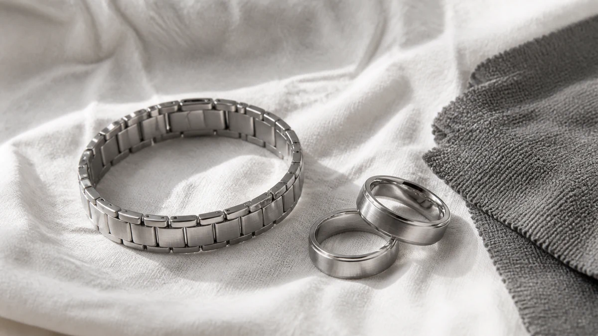 Bracelet à maillons et bagues en acier inoxydable posés sur un linge de coton, microfibre à côté