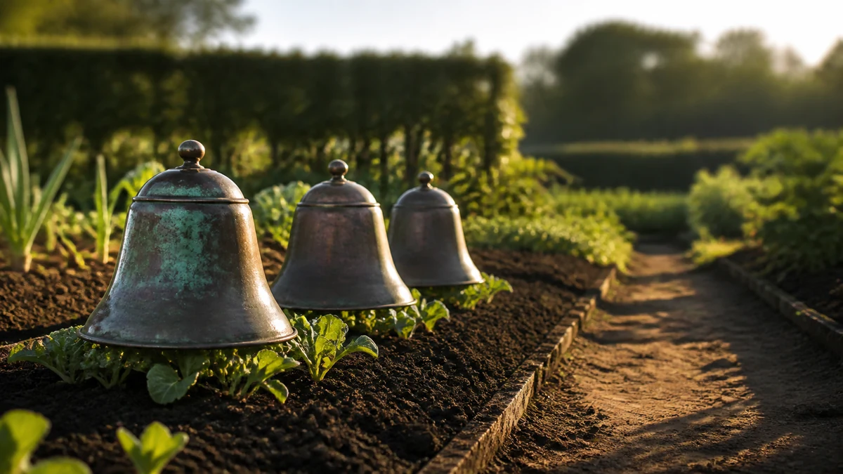 Trois cloches de protection en cuivre patiné posées sur de jeunes plants dans un potager