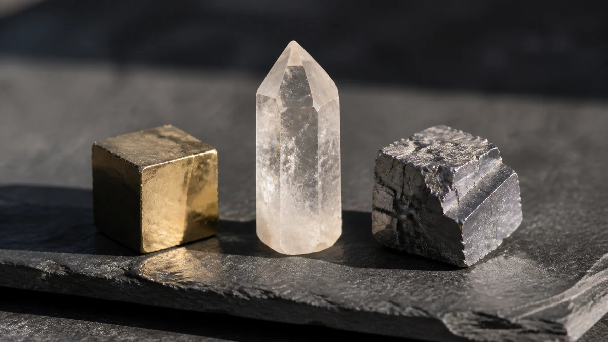 Cube de pyrite, prisme de quartz et galène clivée sur une ardoise, formes cristallines nettes