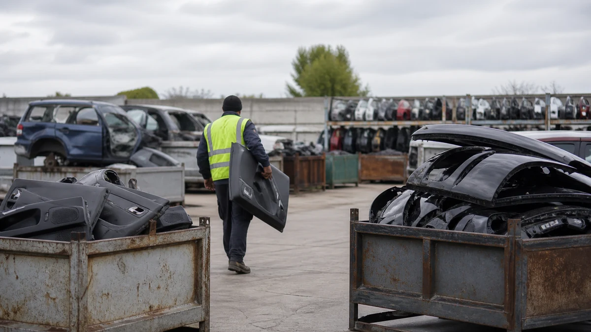 Pièces plastiques d’automobile triées par famille dans de grands bacs sur une aire de démontage
