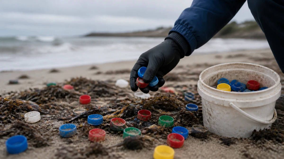 Bouchons en plastique colorés échoués sur une laisse de mer, main gantée en ramassant quelques-uns