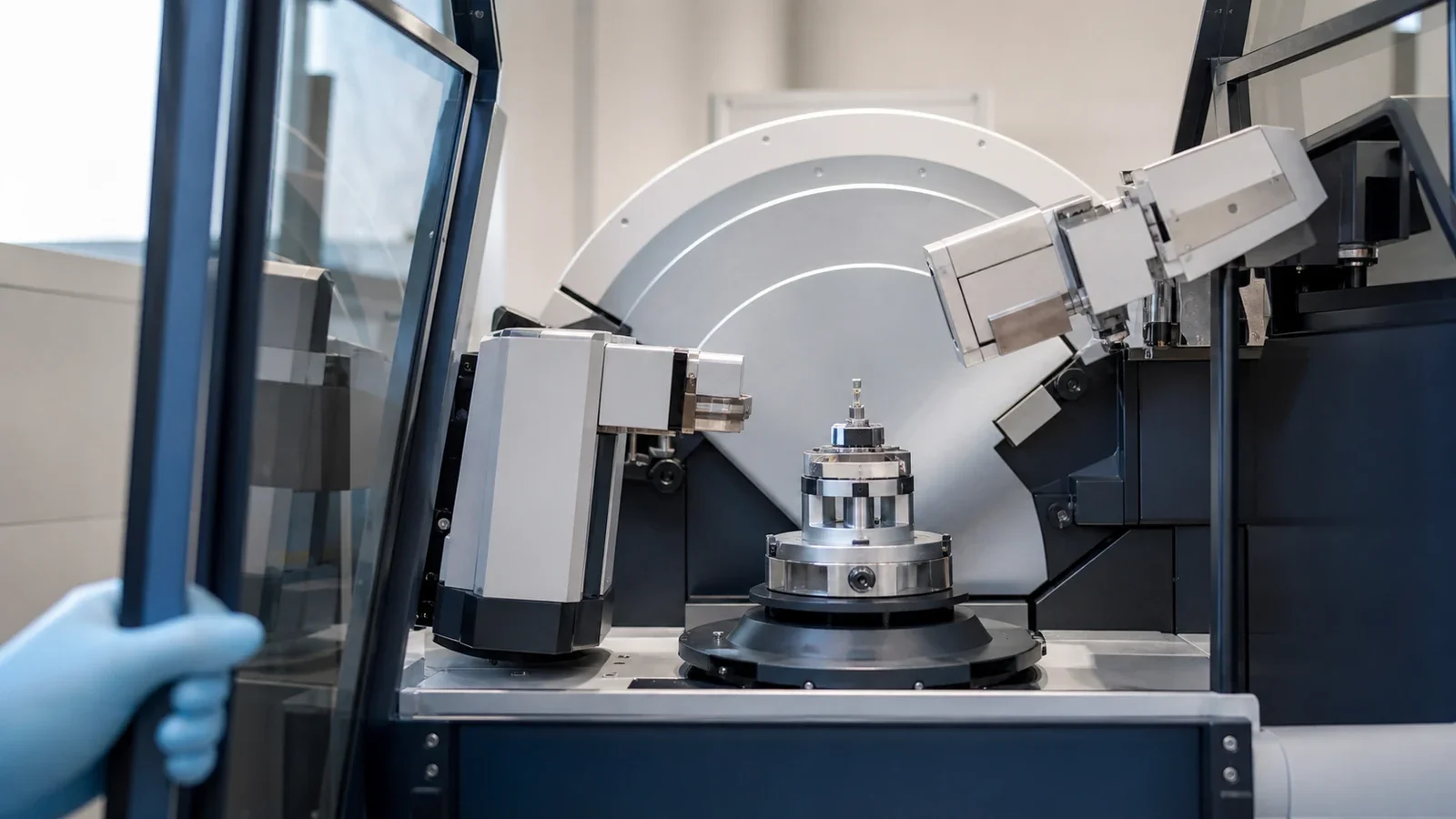 Échantillon cristallin monté sur tête goniométrique dans un diffractomètre à rayons X de laboratoire
