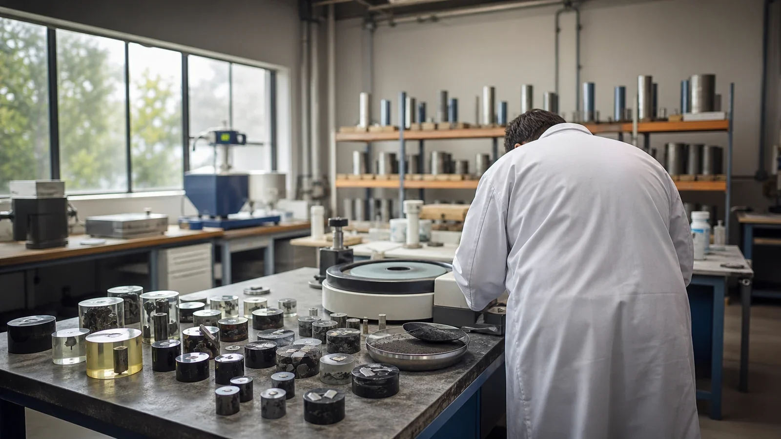 Paillasse de laboratoire de métallurgie avec plots de résine, polisseuse à disque et éprouvettes d’acier